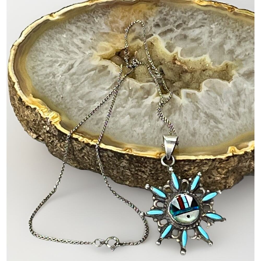 Zuni Sunface Sterling Silver Turquoise Inlay Pendant Necklace VTG Coral Opal Jet